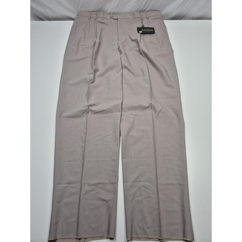 Zanieri Dress Pants Mens 46x36 Beige Wool Pleated Straight Super 100s Italy NWT